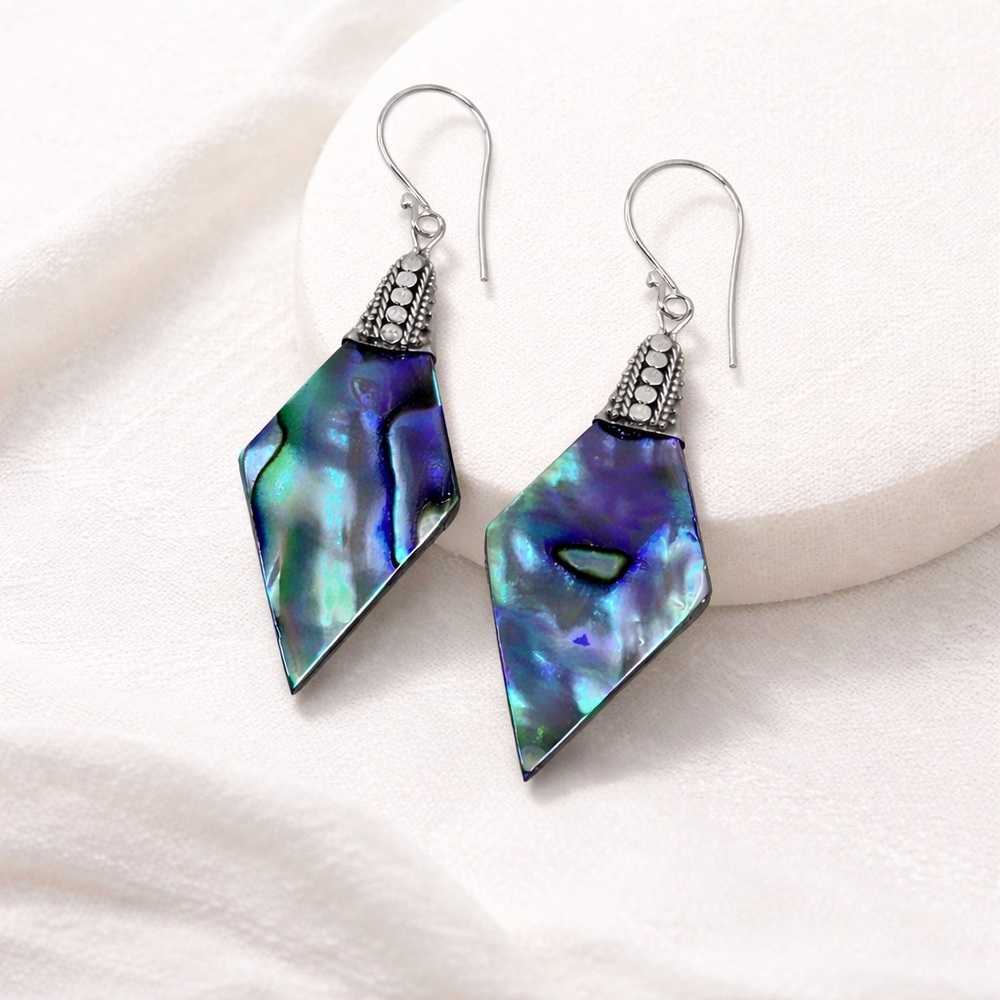 Bali Adorned Rhombus Rainbow Abalone Shell Sterling Silver Dangle Earrings